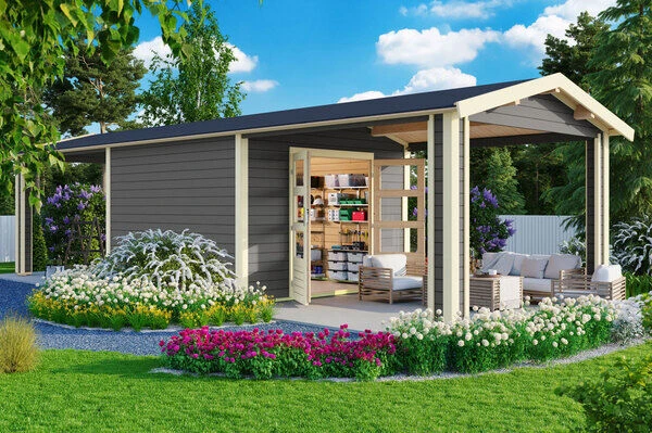 KARIBU Gartenhaus Theres 7, Terragrau, Fichtenholz 28mm, 947 X 304 X 250 Cm, Satteldach, 2 Dachausbauelemente 3 KARIBU Gartenhaus Theres 7, Terragrau, Fichtenholz 28mm, 947 X 304 X 250 Cm, Satteldach, 2 Dachausbauelemente