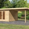 KARIBU Gartenhaus Radeburg 1, Naturbelassen, Fichtenholz 40mm, 664 X 309 X 229,5 Cm, Pultdach, Anbau 3,3m -Dopple Geschaft 30474 1 01.jpg