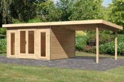 KARIBU Gartenhaus Radeburg 2, Naturbelassen, Fichtenholz 40mm, 724 X 309 X 229,5 Cm, Pultdach, Anbau 3,3m