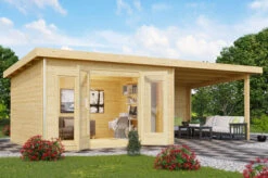 KARIBU Gartenhaus Radeburg 2, Naturbelassen, Fichtenholz 40mm, 724 X 309 X 229,5 Cm, Pultdach, Anbau 3,3m Mit Rückwand