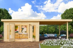 KARIBU Gartenhaus Radeburg 3, Naturbelassen, Fichtenholz 40mm, 724 X 369 X 229,5 Cm, Pultdach, Anbau 3,3m