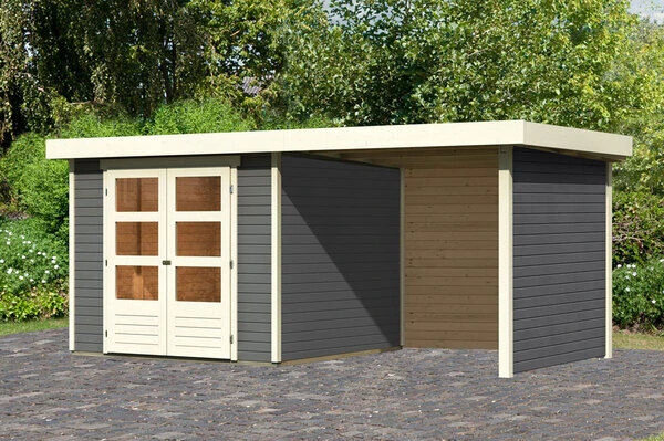 KARIBU Gartenhaus Askola3,5 , Terragrau, Fichtenholz 19mm, 491 X 246 X 211 Cm, Flachdach, Anbau 2,4m Mit Rück- Und Seitenwand 3 KARIBU Gartenhaus Askola3,5 , Terragrau, Fichtenholz 19mm, 491 X 246 X 211 Cm, Flachdach, Anbau 2,4m Mit Rück- Und Seitenwand