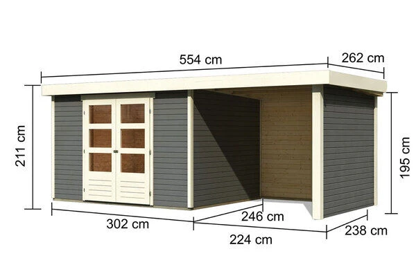 KARIBU Gartenhaus Askola5 , Terragrau, Fichtenholz 19mm, 554 X 246 X 211 Cm, Flachdach, Anbau 2,4m Mit Rück- Und Seitenwand 7 KARIBU Gartenhaus Askola5 , Terragrau, Fichtenholz 19mm, 554 X 246 X 211 Cm, Flachdach, Anbau 2,4m Mit Rück- Und Seitenwand – Bild 5