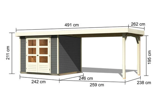 KARIBU Gartenhaus Askola 3,5, Terragrau, Fichtenholz 19mm, 528,5 X 246 X 211 Cm, Flachdach, Seitlicher Anbau 2,8m 7 KARIBU Gartenhaus Askola 3,5, Terragrau, Fichtenholz 19mm, 528,5 X 246 X 211 Cm, Flachdach, Seitlicher Anbau 2,8m – Bild 5