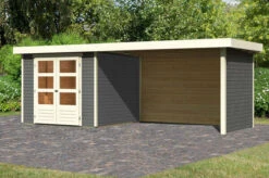 KARIBU Gartenhaus Askola3,5 , Terragrau, Fichtenholz 19mm, 528,5 X 246 X 211 Cm, Flachdach, Seitlicher Anbau 2,8m Mit Rück- Und Seitenwand