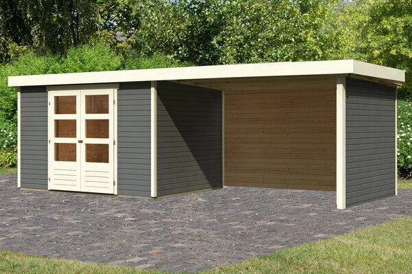 KARIBU Gartenhaus Askola5 , Terragrau, Fichtenholz 19mm, 591,5 X 246 X 211 Cm, Flachdach, Seitlicher Anbau 2,8m Mit Rück- Und Seitenwand 3 KARIBU Gartenhaus Askola5 , Terragrau, Fichtenholz 19mm, 591,5 X 246 X 211 Cm, Flachdach, Seitlicher Anbau 2,8m Mit Rück- Und Seitenwand