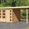 KARIBU Gartenhaus Kerko 5, Naturbelassen, Fichtenholz 19mm, 554 X 246 X 210 Cm, Flachdach, Anbau 2,4m