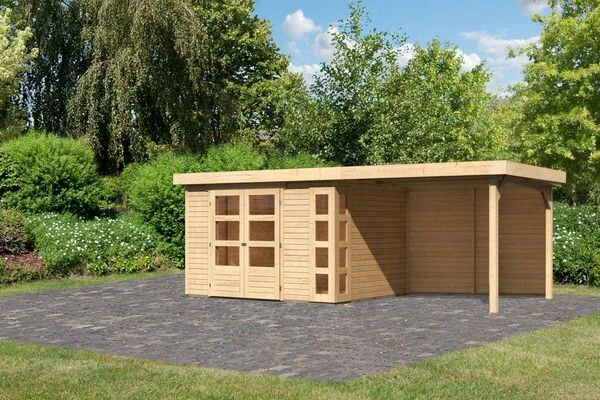 KARIBU Gartenhaus Kerko 5, Naturbelassen, Fichtenholz 19mm, 591,5 X 246 X 210 Cm, Flachdach, Anbau 2,8m Mit Rückwand 2 KARIBU Gartenhaus Kerko 5, Naturbelassen, Fichtenholz 19mm, 591,5 X 246 X 210 Cm, Flachdach, Anbau 2,8m Mit Rückwand