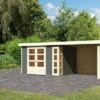 KARIBU Gartenhaus Kerko 5, Terragrau, Fichtenholz 19mm, 591,5 X 246 X 210 Cm, Flachdach, Anbau 2,8m Mit Rück- Und Seitenwand