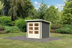 KARIBU Gartenhaus Stockach 2, Terragrau, Fichtenholz 19mm, 212 X 186 X 197 Cm, Pultdach, Doppelflügeltür