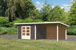 KARIBU Gartenhaus Northeim 3, Terragrau, Fichtenholz 40mm, 664 X 309 X 229 Cm, Pultdach, Anbau 3m Mit Rückwand