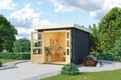 KARIBU Gartenhaus Bastrup 2, Anthrazit, Fichtenholz 28mm, 237 X 237 X 220 Cm, Pultdach, Eco Doppelflügeltür