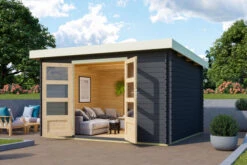 KARIBU Gartenhaus Bastrup 7, Anthrazit, Fichtenholz 28mm, 357 X 297 X 222 Cm, Pultdach, Eco Doppelflügeltür