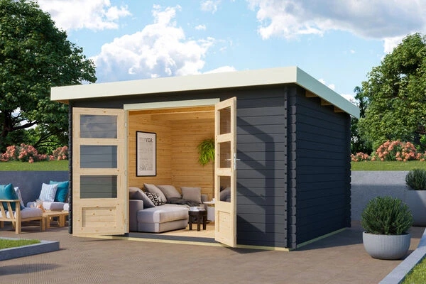 KARIBU Gartenhaus Bastrup 7, Anthrazit, Fichtenholz 28mm, 357 X 297 X 222 Cm, Pultdach, Eco Doppelflügeltür 3 KARIBU Gartenhaus Bastrup 7, Anthrazit, Fichtenholz 28mm, 357 X 297 X 222 Cm, Pultdach, Eco Doppelflügeltür