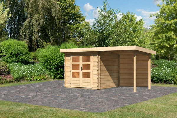 KARIBU Gartenhaus Bastrup2 , Naturbelassen, Fichtenholz 28mm, 454,5 X 237 X 220 Cm, Pultdach, Anbau 2m Mit Rückwand 3 KARIBU Gartenhaus Bastrup2 , Naturbelassen, Fichtenholz 28mm, 454,5 X 237 X 220 Cm, Pultdach, Anbau 2m Mit Rückwand