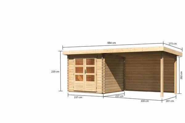 KARIBU Gartenhaus Bastrup2 , Naturbelassen, Fichtenholz 28mm, 554 X 237 X 220 Cm, Pultdach, Anbau 3m Mit Rückwand 7 KARIBU Gartenhaus Bastrup2 , Naturbelassen, Fichtenholz 28mm, 554 X 237 X 220 Cm, Pultdach, Anbau 3m Mit Rückwand – Bild 5