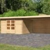 KARIBU Gartenhaus Bastrup 7, Naturbelassen, Fichtenholz 28mm, 774,5 X 297 X 222 Cm, Pultdach, Anbau 4m Mit Rückwand