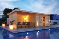 KARIBU Gartenhaus Bastrup 7, Naturbelassen, Fichtenholz 28mm, 774,5 X 297 X 222 Cm, Pultdach, Anbau 4m Mit Rück- Und Seitenwand