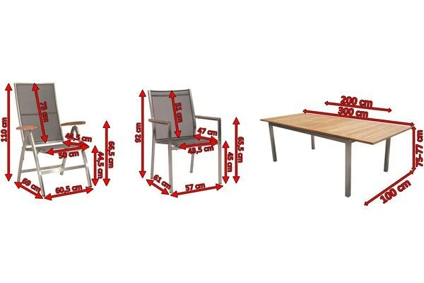 STERN Cardiff Set, Silber/silbergrau, Edelstahl/FSC-Teak, Tisch 200/300 X 100 Cm, 6 Stapel-, 2 Multipositionssessel 7 STERN Cardiff Set, Silber/silbergrau, Edelstahl/FSC-Teak, Tisch 200/300 X 100 Cm, 6 Stapel-, 2 Multipositionssessel – Bild 5