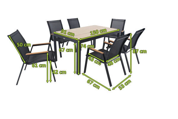 OUTFLEXX Esstischgarnitur, Anthrazit Matt/natur, AluHolzimitat, 150 X 91 Cm, 7tlg., 6 Pers, Stapelbar 7 OUTFLEXX Esstischgarnitur, Anthrazit Matt/natur, AluHolzimitat, 150 X 91 Cm, 7tlg., 6 Pers, Stapelbar – Bild 5