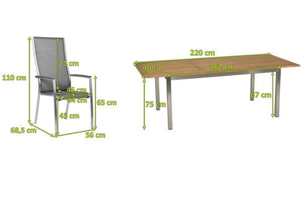 STERN Cardiff Esstischgarnitur, Silber/silbergrau, Edelstahl/Textilen/FSC-Teakholz/Alu, 162/220 X 90 Cm, 6 Stapelsessel, Butterfly-Auszug 7 STERN Cardiff Esstischgarnitur, Silber/silbergrau, Edelstahl/Textilen/FSC-Teakholz/Alu, 162/220 X 90 Cm, 6 Stapelsessel, Butterfly-Auszug – Bild 5