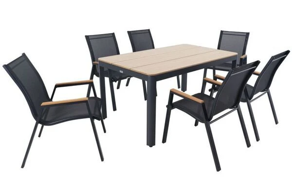 OUTFLEXX Esstischgarnitur, Anthrazit Matt/natur, AluHolzimitat, 150 X 91 Cm, 7tlg., 6 Pers, Stapelbar 4 OUTFLEXX Esstischgarnitur, Anthrazit Matt/natur, AluHolzimitat, 150 X 91 Cm, 7tlg., 6 Pers, Stapelbar – Bild 2