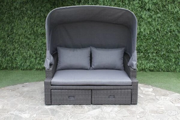 OUTFLEXX Fontana Loungebett, Grau, Polyrattan, Doppel-halbrund, Mit Unterschiebbaren Hockern, Dach Klappbar 10 OUTFLEXX Fontana Loungebett, Grau, Polyrattan, Doppel-halbrund, Mit Unterschiebbaren Hockern, Dach Klappbar – Bild 8